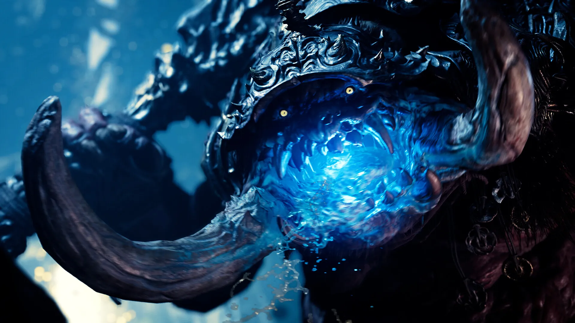 Close-up of an armored Genma beast with a molten blue glowing maw