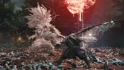 A swordsman faces a white-plumed Genma boss beneath a blood-red orb over bone-strewn shrine grounds