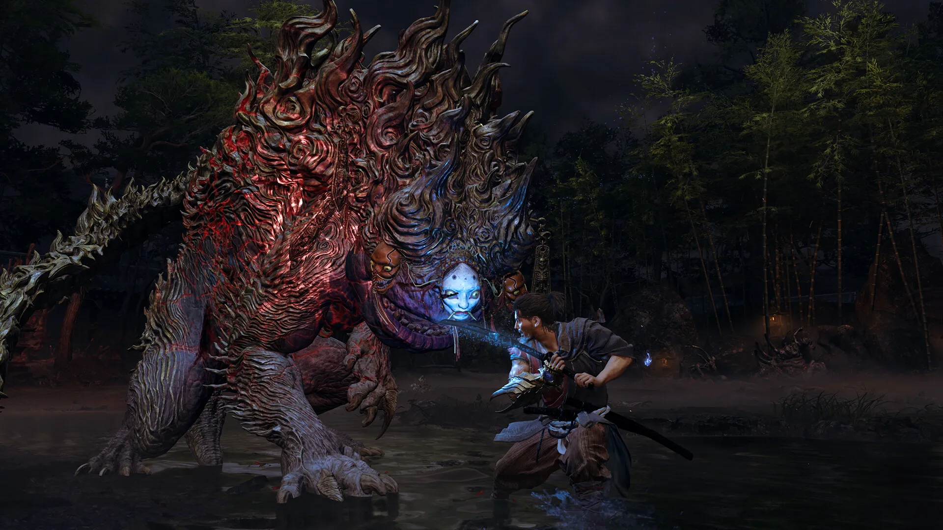 A swordsman braces against a colossal red-black Genma beast with a white mask face