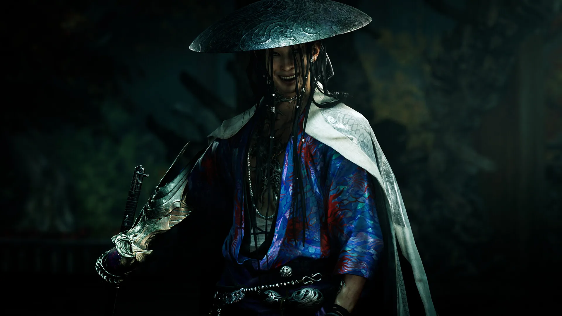 A grinning swordsman in a wide straw hat and blue-red kimono, hand on an ornate sword