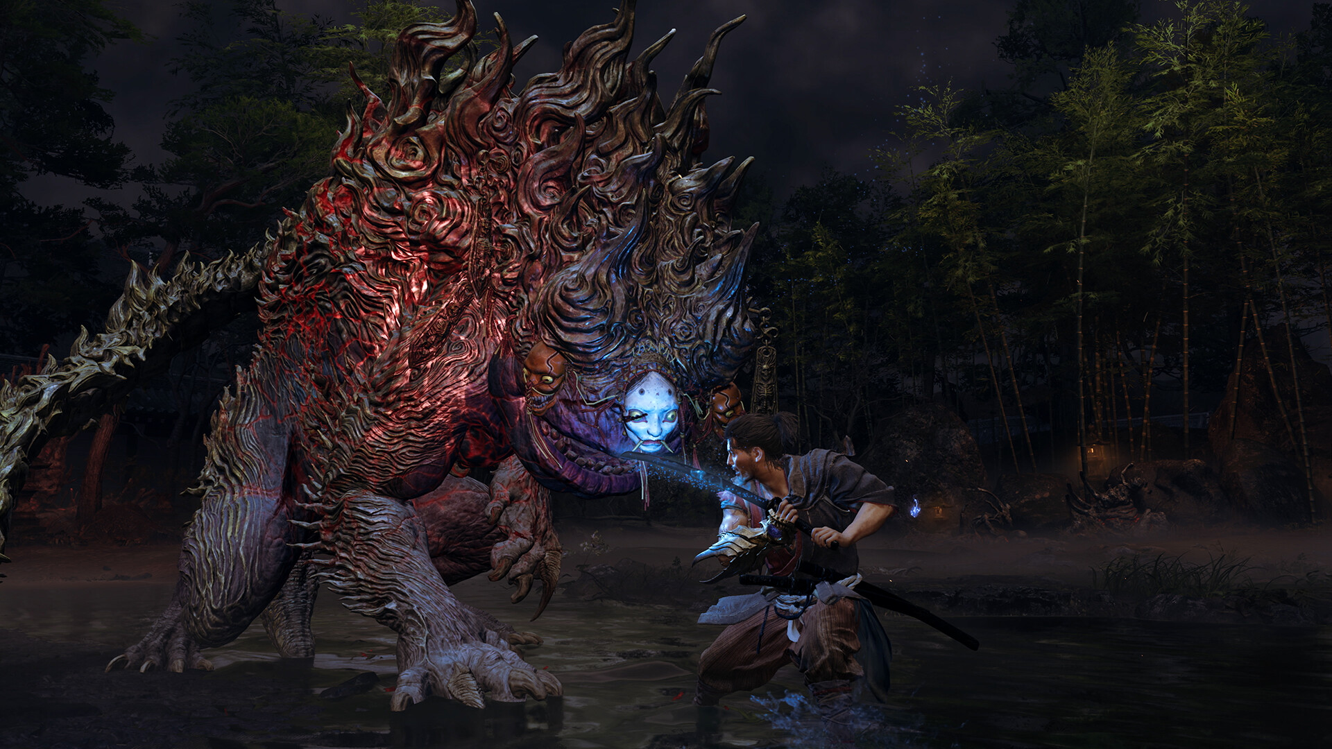 A swordsman braces against a colossal red-black Genma beast with a white mask face