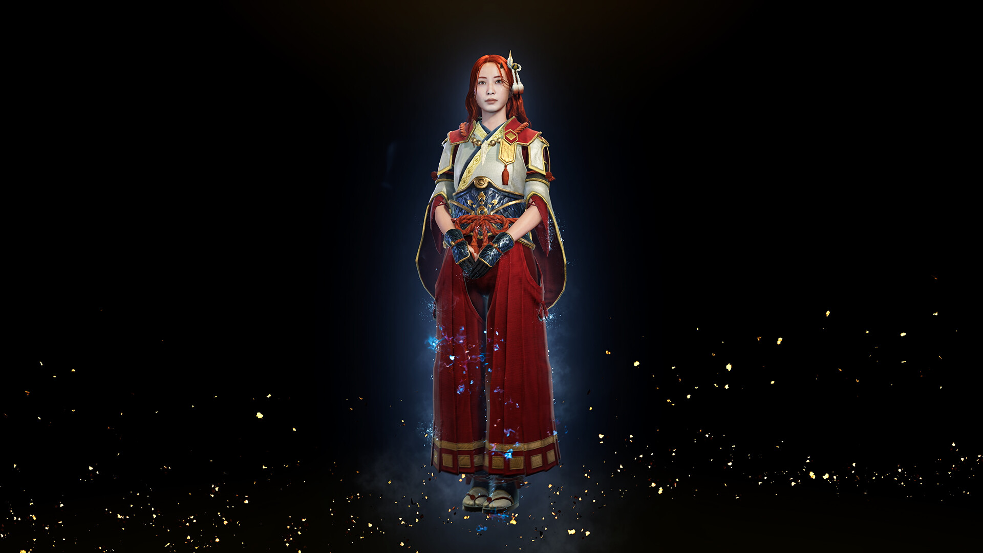 A red-haired woman in a white and red outfit with gold trim stands against a dark background with drifting golden particles
