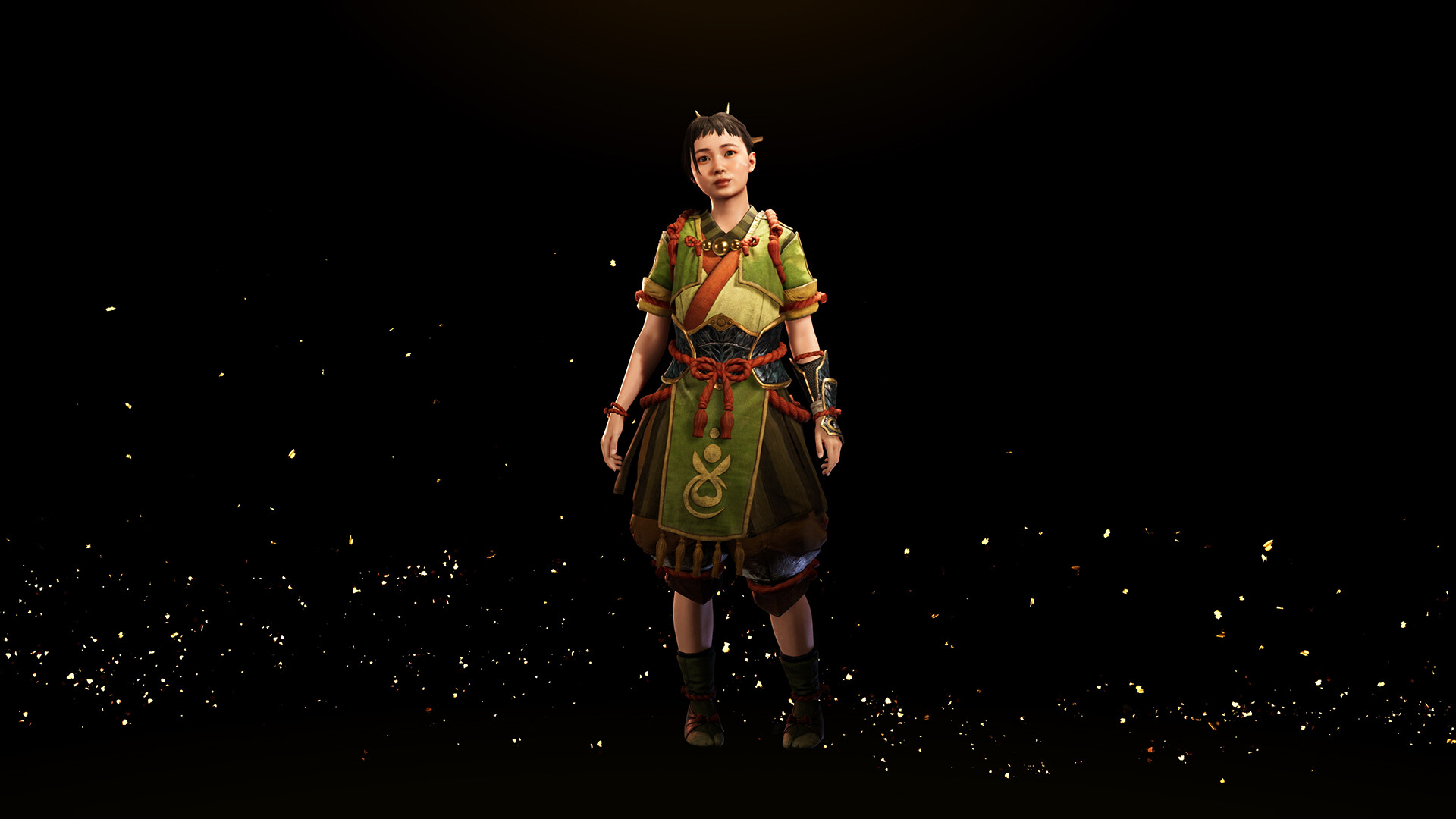 A character in a green layered outfit with an orange sash and a gold emblem apron stands on a dark surface with glowing embers