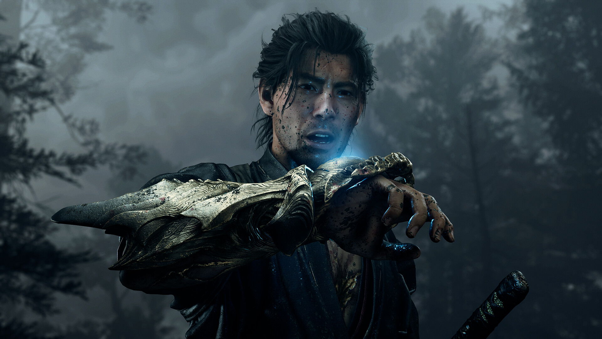 Close-up of the protagonist raising the golden Oni Gauntlet, blue light glowing at the wrist